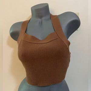 House of Harlow 1960 Women's Brown Wide Strap Ribbed Knit Crop Top Size Medium.